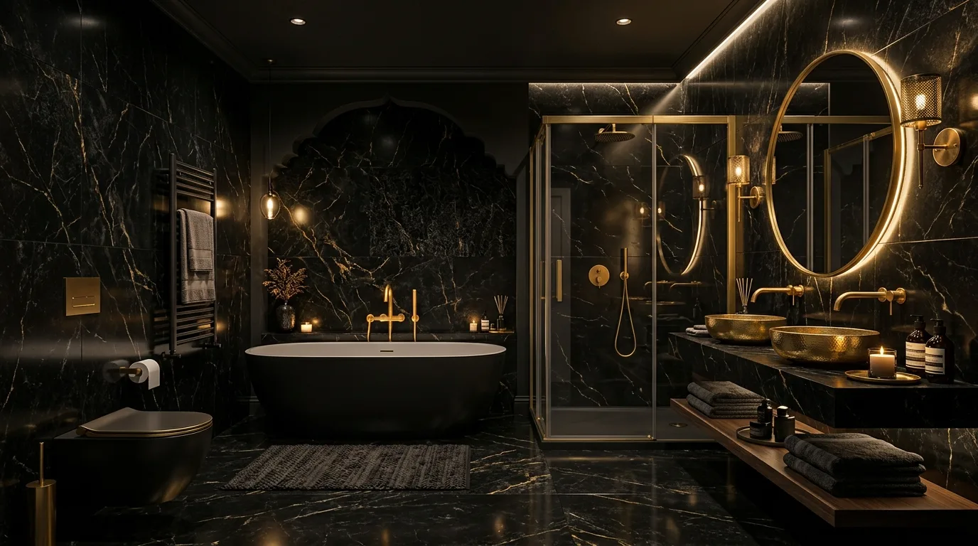 Dramatic moody bathroom with dark finishes and luxurious layered lighting.